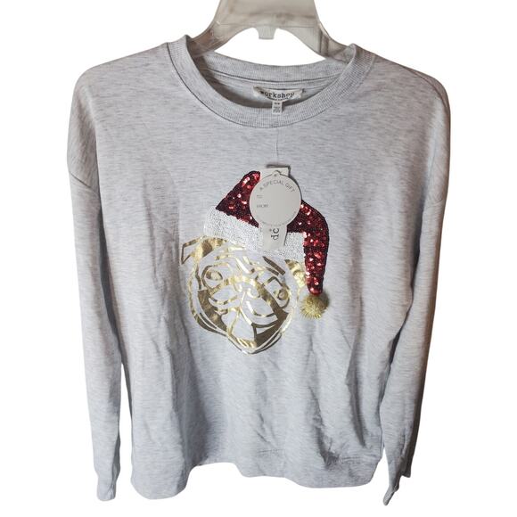 Workshop Santa Pug Foil/Sequin/PomPom Heather Gray Sweater, NWT, Medium - Picture 1 of 6